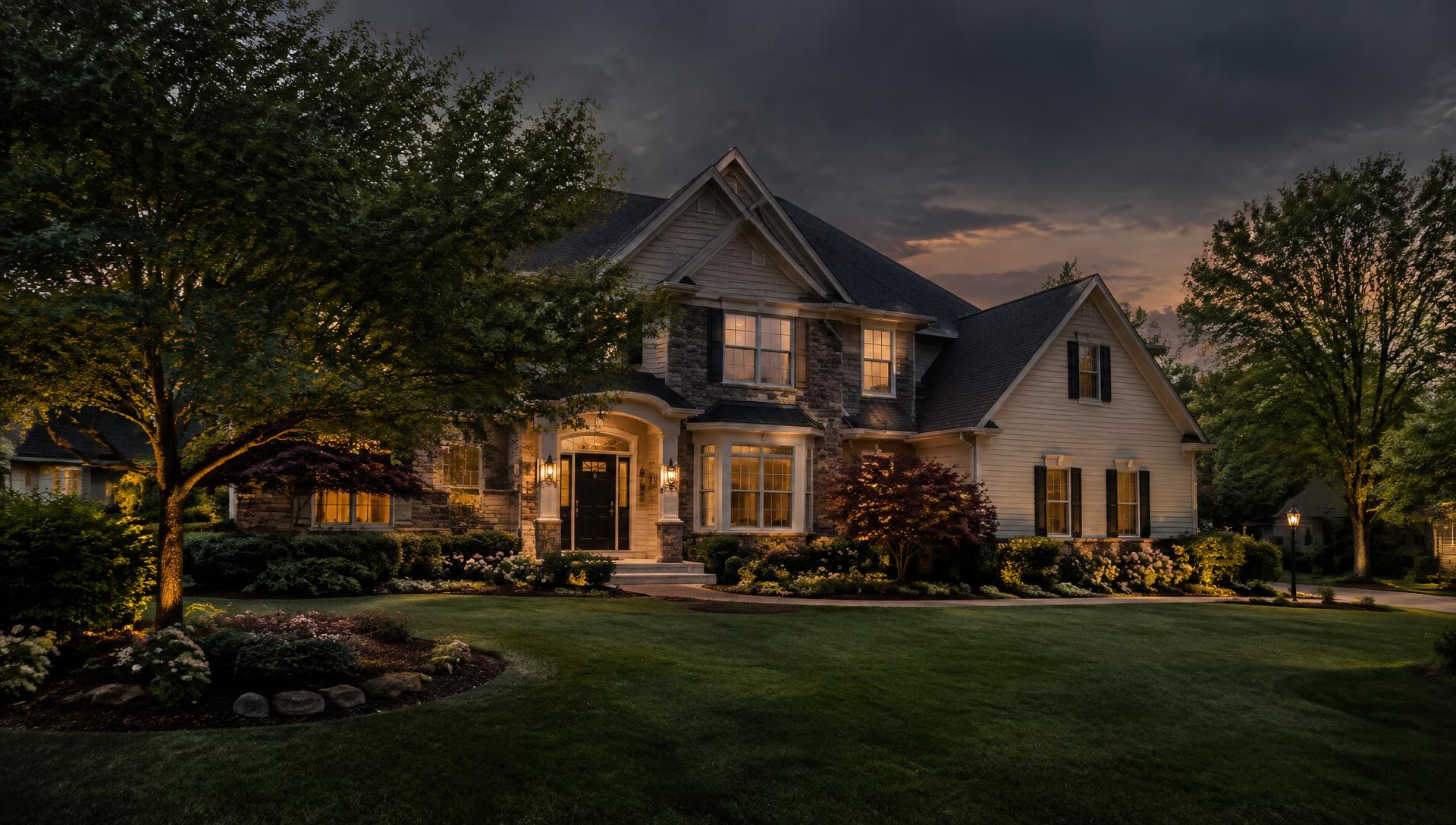Professionally landscaped Wisconsin home at dusk